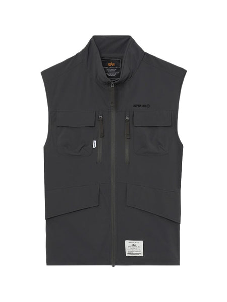 UNFRM Nylon Tactical Vest by Alpha Industries, gray, sleeveless, front zipper, four exterior utility pockets, small rectangular label near bottom hem.