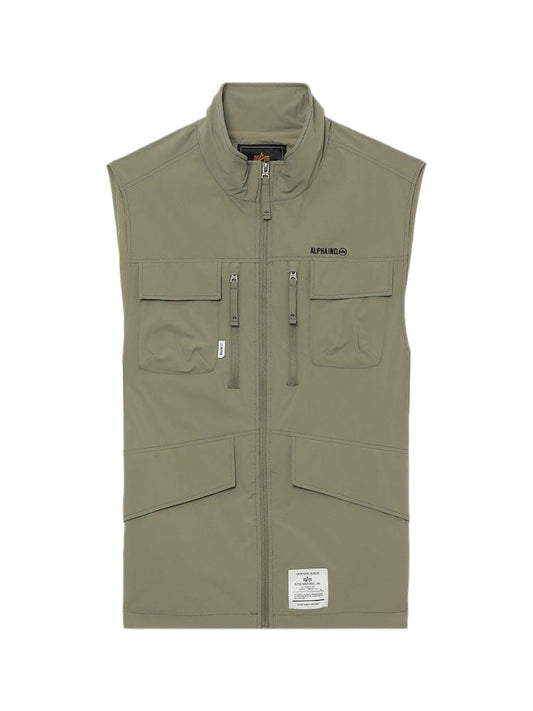 Unfrm Nylon Tactical Vest by Alpha Industries in khaki with zip front, stand-up collar, multiple utility pockets, and small patch label near hem.