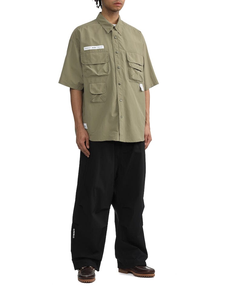 Alpha Industries Nylon Utility Shirt in Light Green, Short Sleeves, Button Front, Patch Pockets.