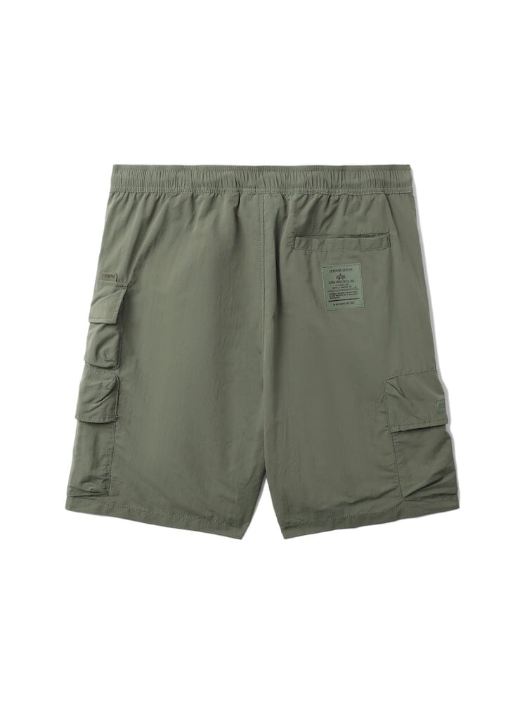 UNFRM Nylon Utility Short by Alpha Industries, olive green nylon, elastic drawstring waist, two side tactical pockets, single back pocket with rectangular label.