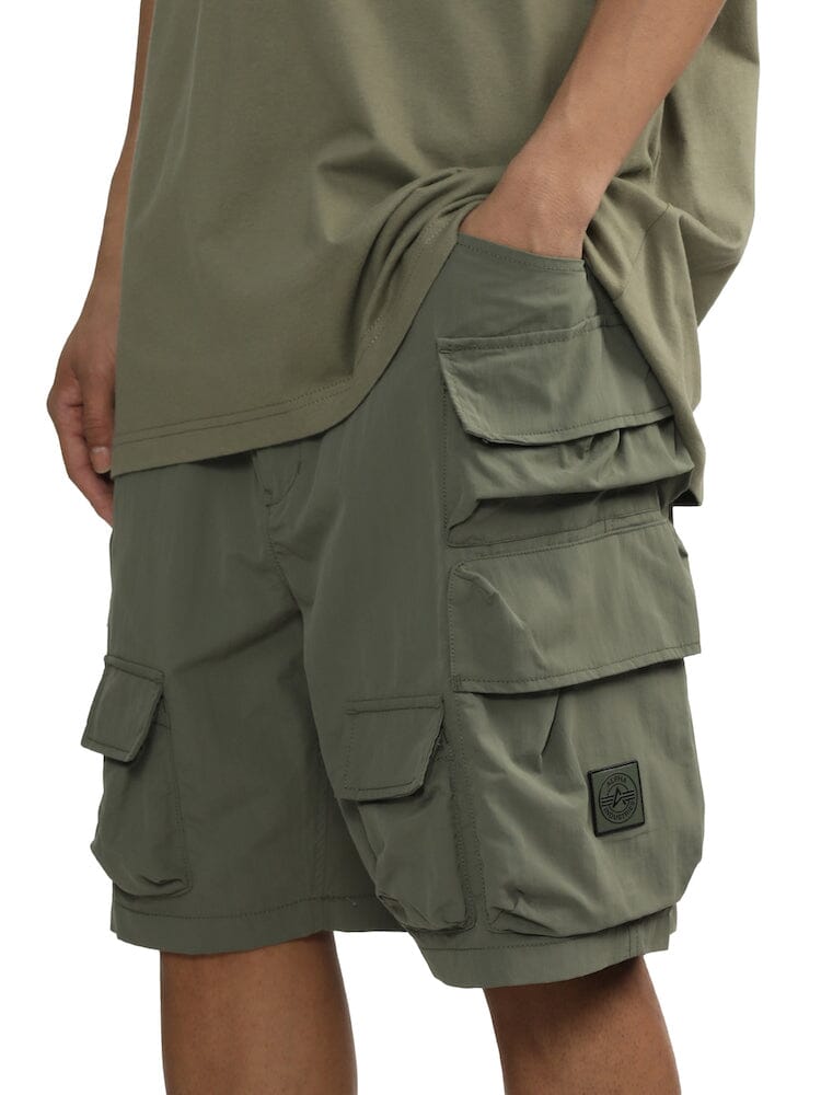 Alpha Industries Unfrm Nylon Utility Short, olive green, nylon material, tactical pockets, drawstring waist.