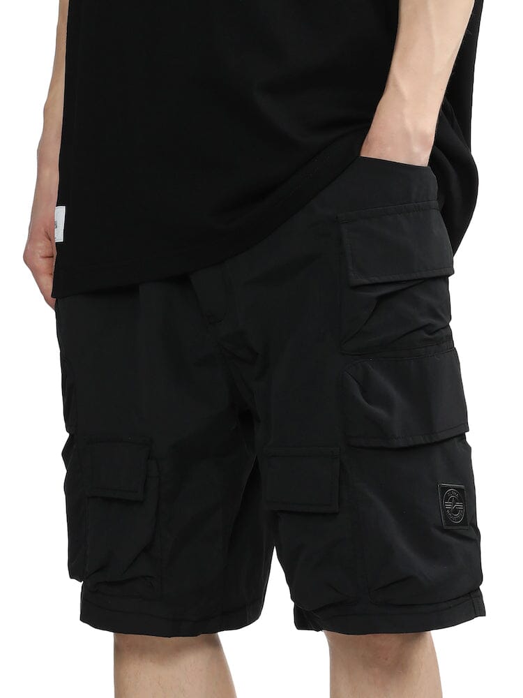 Alpha Industries Nylon Utility Shorts in black with drawstring waist and multiple tactical pockets.