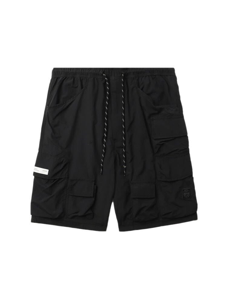 UNFRM Nylon Utility Short by Alpha Industries in black with tactical pockets, drawstring waist, and small white tag on left pocket.