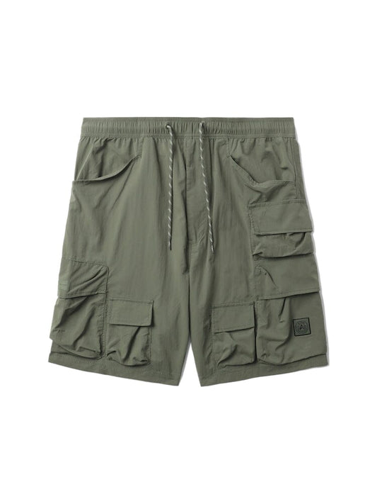 Unfrm Nylon Utility Short by Alpha Industries in green, nylon material, drawstring and elastic waistband, multiple tactical pockets.