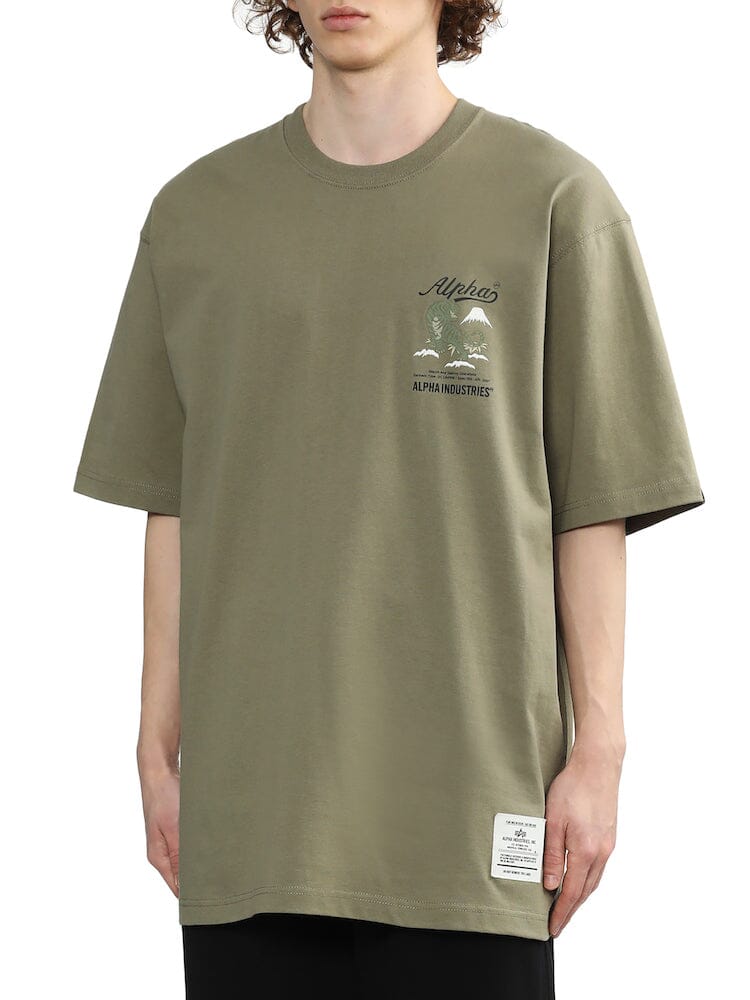 Unfrm Tiger Short Sleeve Tee by Alpha Industries, olive green, small chest logo, Alpha graphics patch near hem.