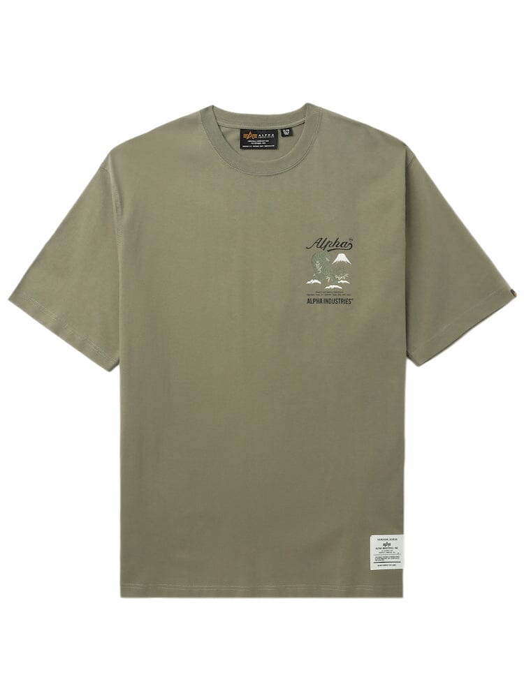 UNFRM Tiger Short Sleeve Tee by Alpha Industries, khaki color, Alpha text with two eagle graphics on left chest, Alpha Industries branding, white tag near bottom hem.