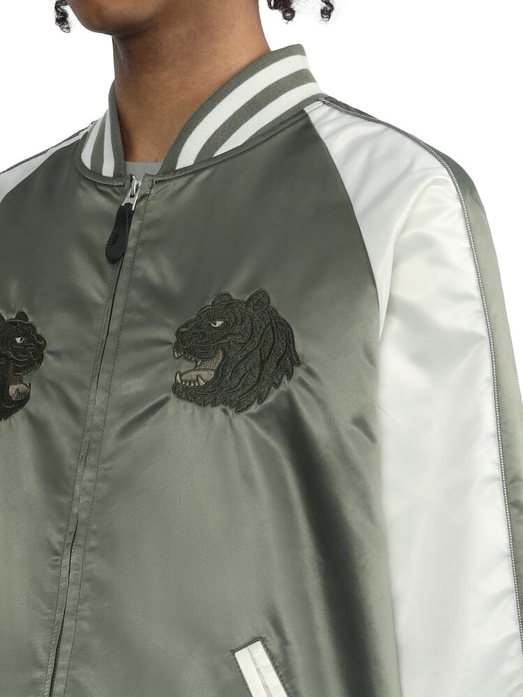 Alpha Industries Unfrm Tiger Souvenir Jacket, green and white satin, striped collar, embroidered tiger patches on chest.