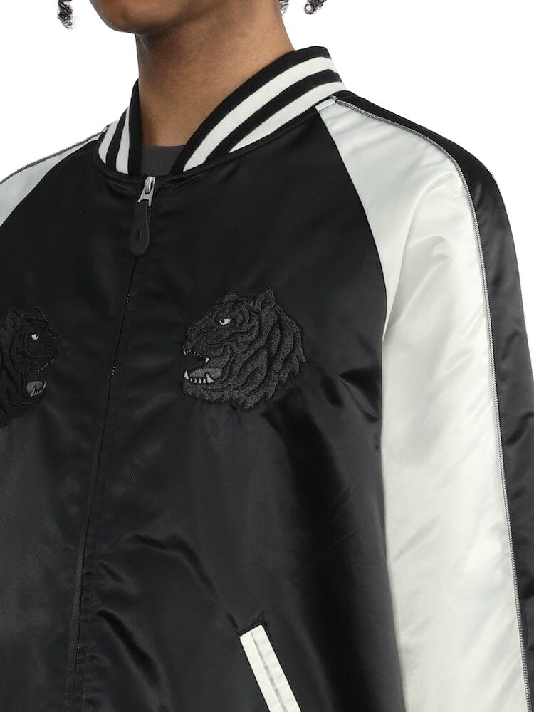 Alpha Industries Tiger Souvenir Jacket, black and white satin with tiger embroidery on the chest.