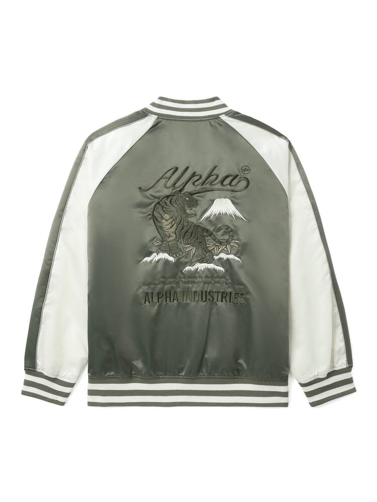 UNFRM Tiger Souvenir Jacket by Alpha Industries, green and white satin, Alpha branding, MA-1 style, tiger and mountain embroidery on back.