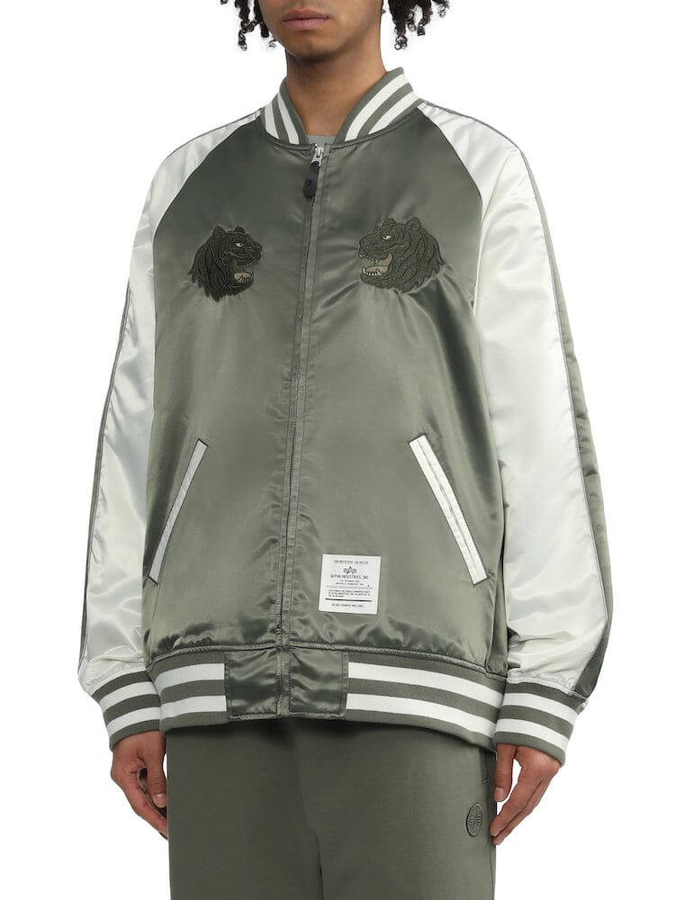 Alpha Industries Tiger Souvenir Jacket, white sleeves, green body, tiger chest embroidery.