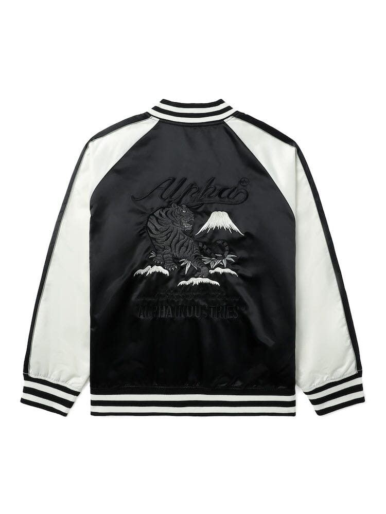 UNFRM Tiger Souvenir Jacket by Alpha Industries, black and white satin, striped cuffs and collar, Alpha Tiger embroidery, Mount Fuji, Alpha Industries on back.