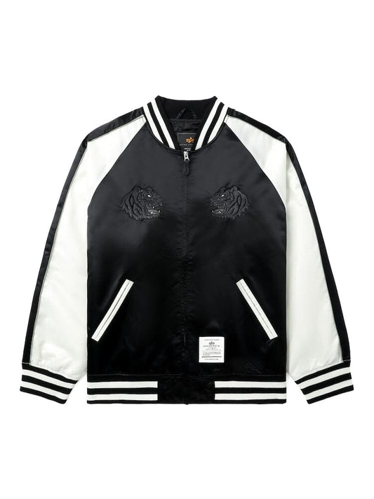 Unfrm Tiger Souvenir Jacket by Alpha Industries in black satin with striped cuffs, collar, and hem; Alpha Tiger chest embroidery; small rectangular patch near hem.