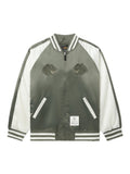 Unfrm Tiger Souvenir Jacket by Alpha Industries, green satin with white accents, striped cuffs and hem, front zipper, two pockets, tiger embroidery on chest.