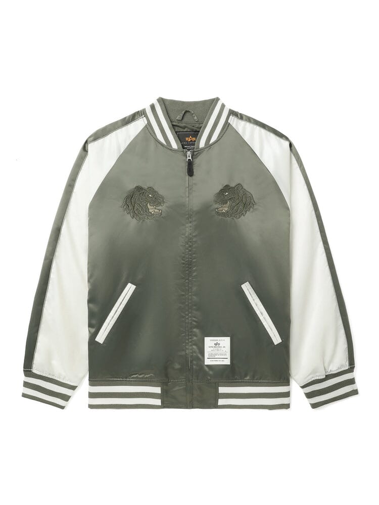 Unfrm Tiger Souvenir Jacket by Alpha Industries, green satin with white accents, striped cuffs and hem, front zipper, two pockets, tiger embroidery on chest.