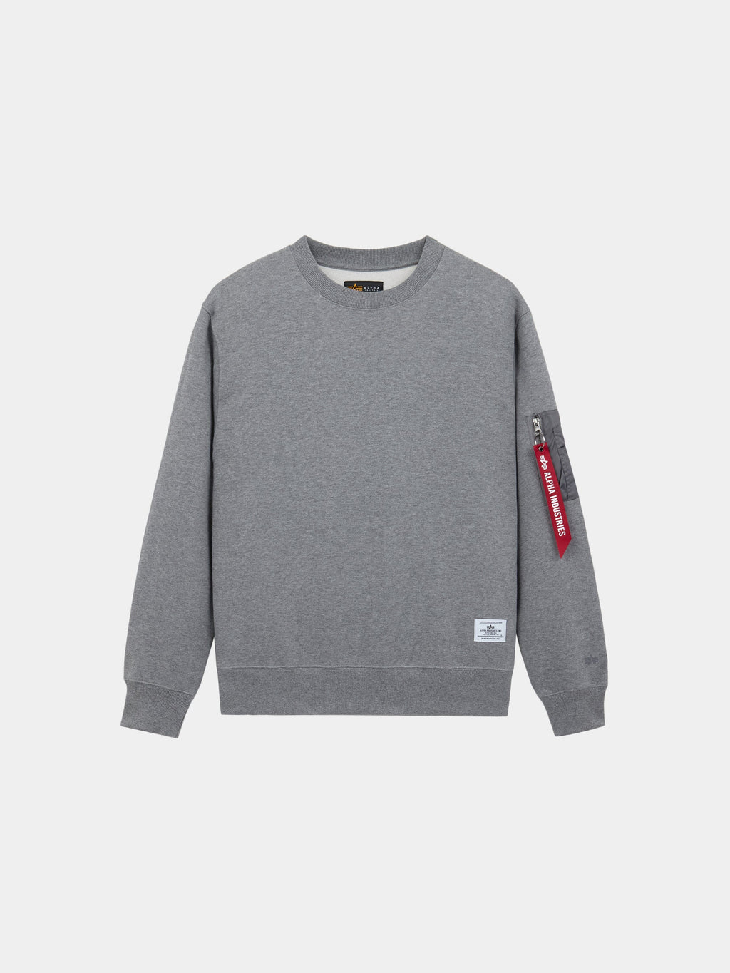 Alpha Industries Utility Pocket Crewneck in Medium Charcoal Heather with MA-1 utility pocket and red zip tag on left sleeve.