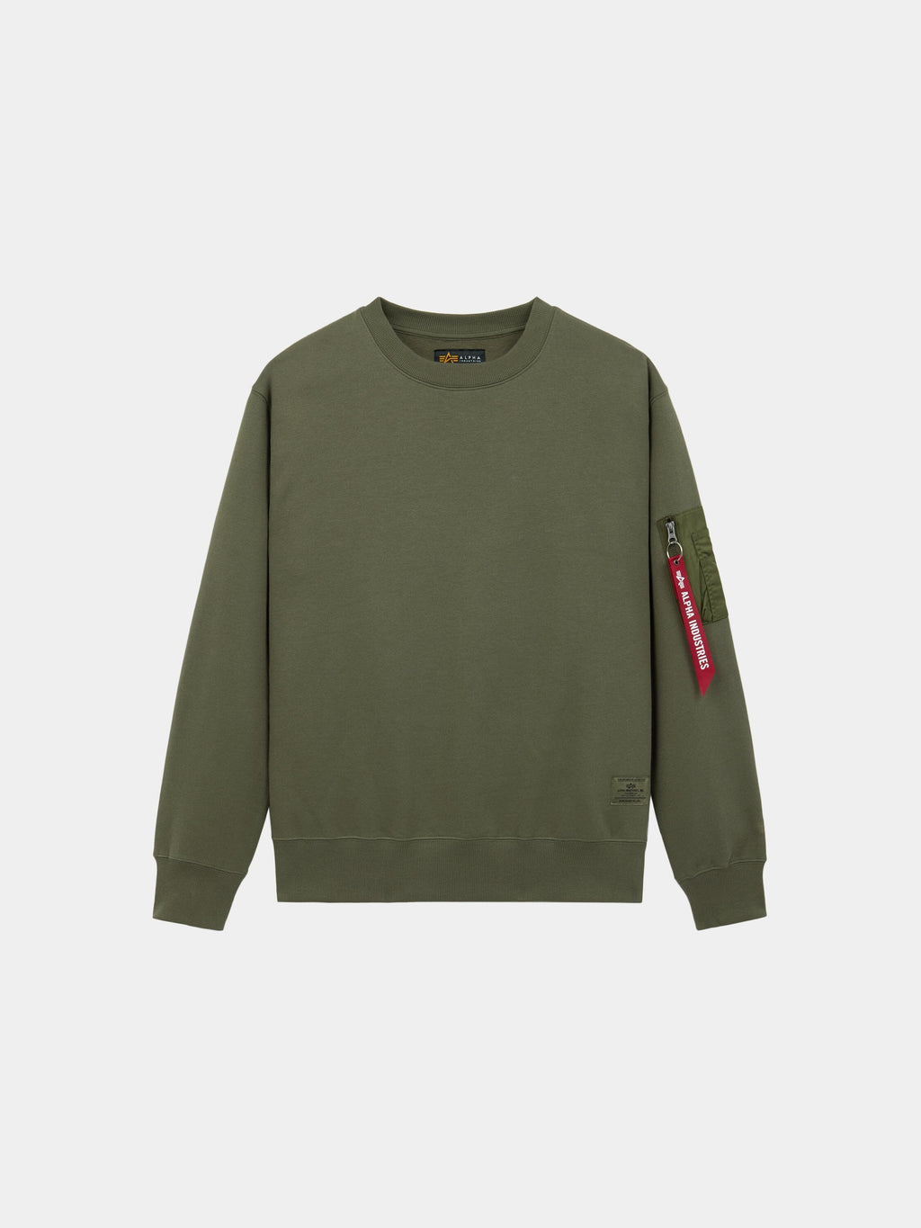 Alpha Industries Utility Pocket Crewneck in Og-107 Green with ribbed cuffs and hem, MA-1 utility pocket, red tag on left sleeve.