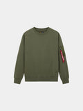 Alpha Industries Utility Pocket Crewneck in Og-107 Green with ribbed cuffs and hem, MA-1 utility pocket, red tag on left sleeve.