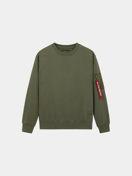Alpha Industries Utility Pocket Crewneck in Og-107 Green with ribbed cuffs and hem, MA-1 utility pocket, red tag on left sleeve.