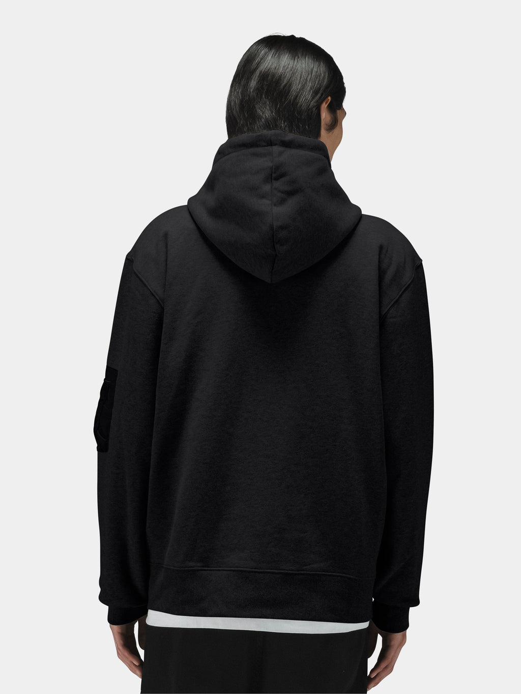 Alpha Industries Utility Pocket Full Zip Up with straight dark hair, zip closure, dark color, utility pockets.