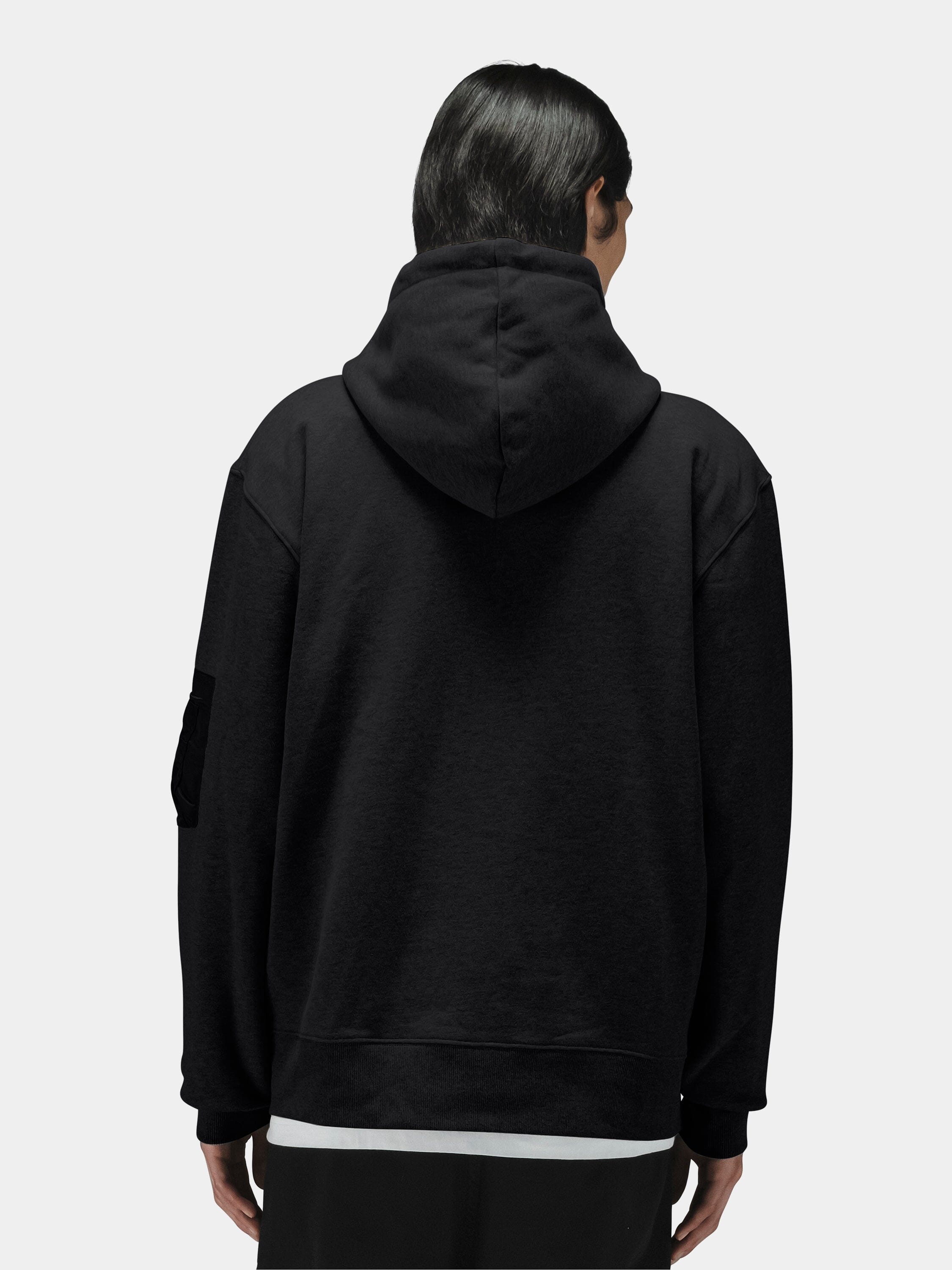 Alpha Industries Utility Pocket Full Zip Up with straight dark hair, zip closure, dark color, utility pockets.