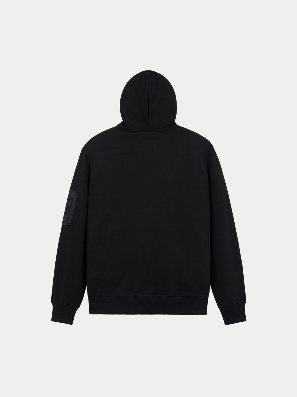 Alpha Industries Utility Pocket Full Zip Up, plain black, long sleeves, military-inspired design, patch on left arm.