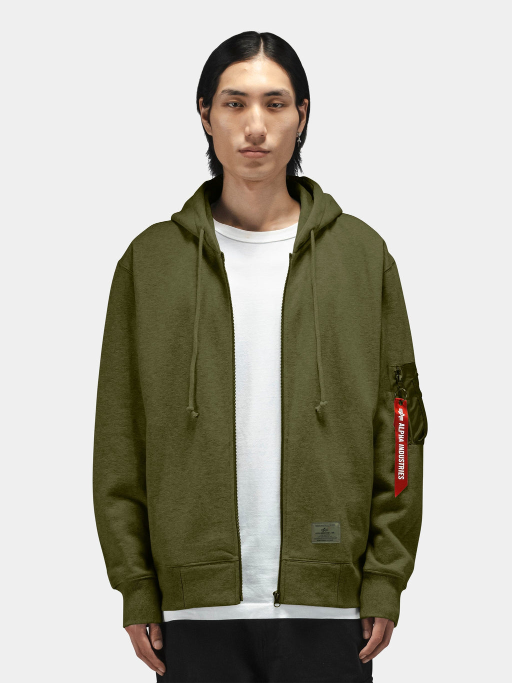 Alpha Industries Utility Pocket Full Zip Up in olive green with front zipper closure and utility pockets.