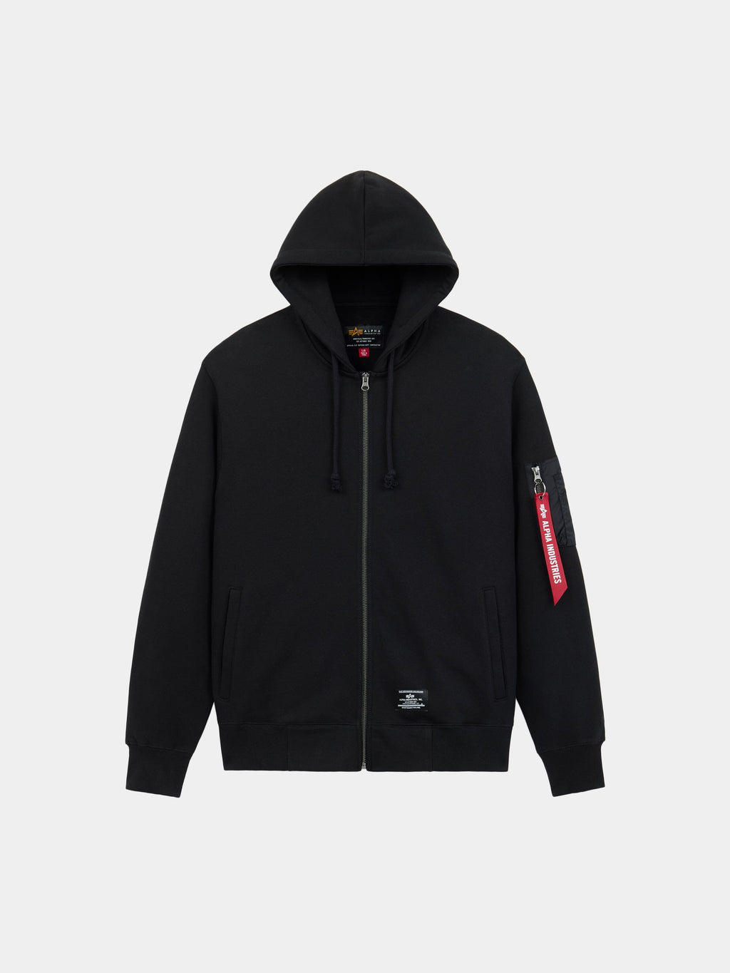 Alpha Industries Utility Pocket Full Zip Up in black with front pockets, drawstring hood, ribbed cuffs, red tag on left sleeve zipper.