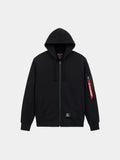 Alpha Industries Utility Pocket Full Zip Up in black with front pockets, drawstring hood, ribbed cuffs, red tag on left sleeve zipper.