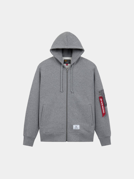 Utility Pocket Full Zip Up by Alpha Industries in Medium Charcoal Heather with hood, front pockets, ribbed cuffs, red sleeve tag.
