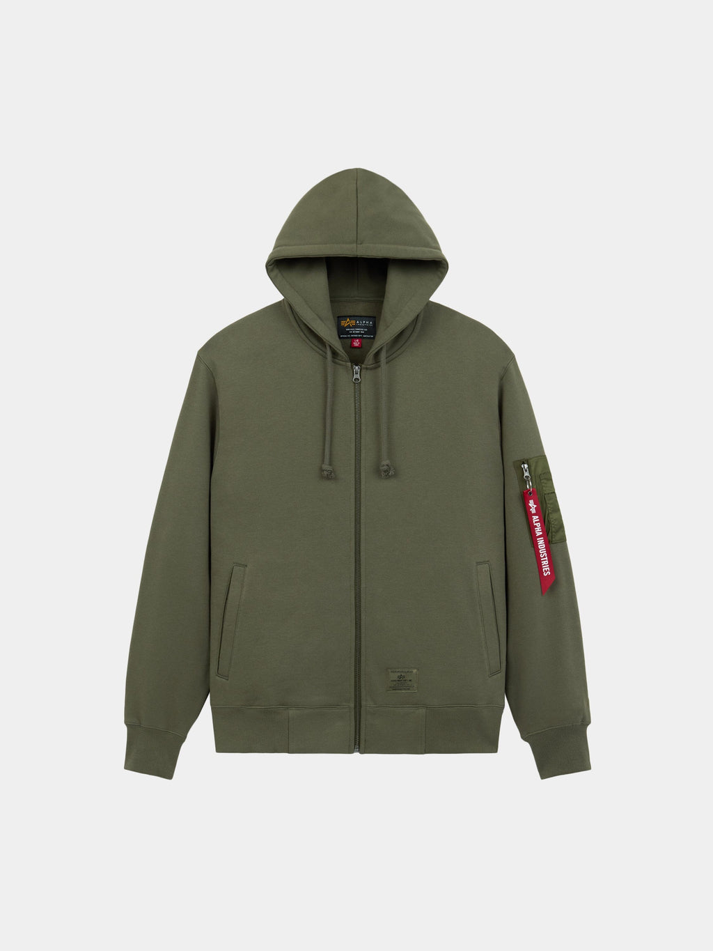 Alpha Industries Utility Pocket Full Zip Up Hoodie in Og-107 Green with full zip front, hood, front pockets, red Remove Before Flight tag.