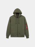 Alpha Industries Utility Pocket Full Zip Up Hoodie in Og-107 Green with full zip front, hood, front pockets, red Remove Before Flight tag.