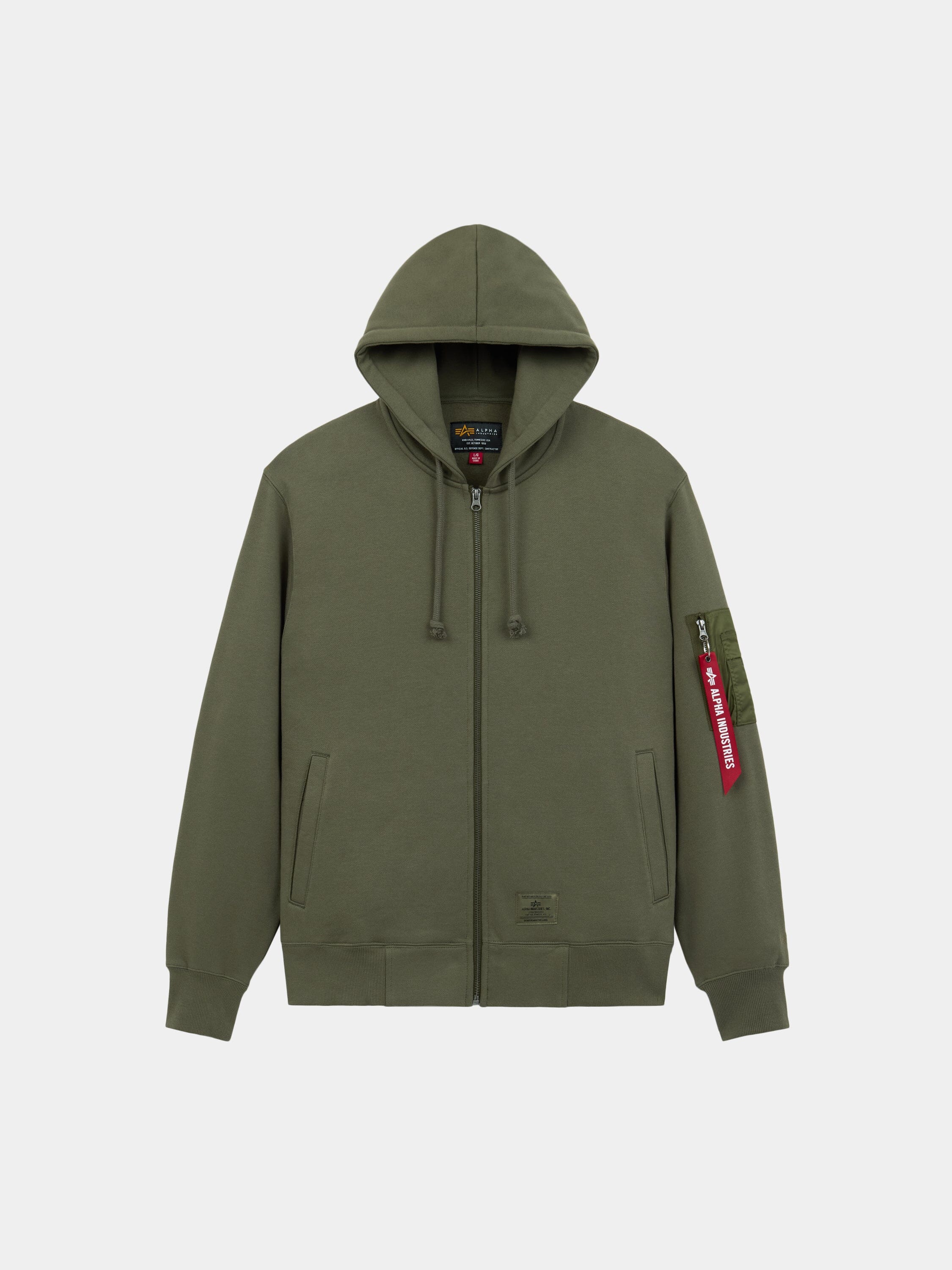 Alpha Industries Utility Pocket Full Zip Up Hoodie in Og-107 Green with full zip front, hood, front pockets, red Remove Before Flight tag.