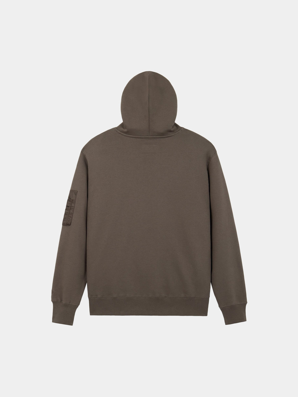 Alpha Industries Utility Pocket Hoodie in brown with long sleeves and MA-1 utility sleeve pocket on the left arm.