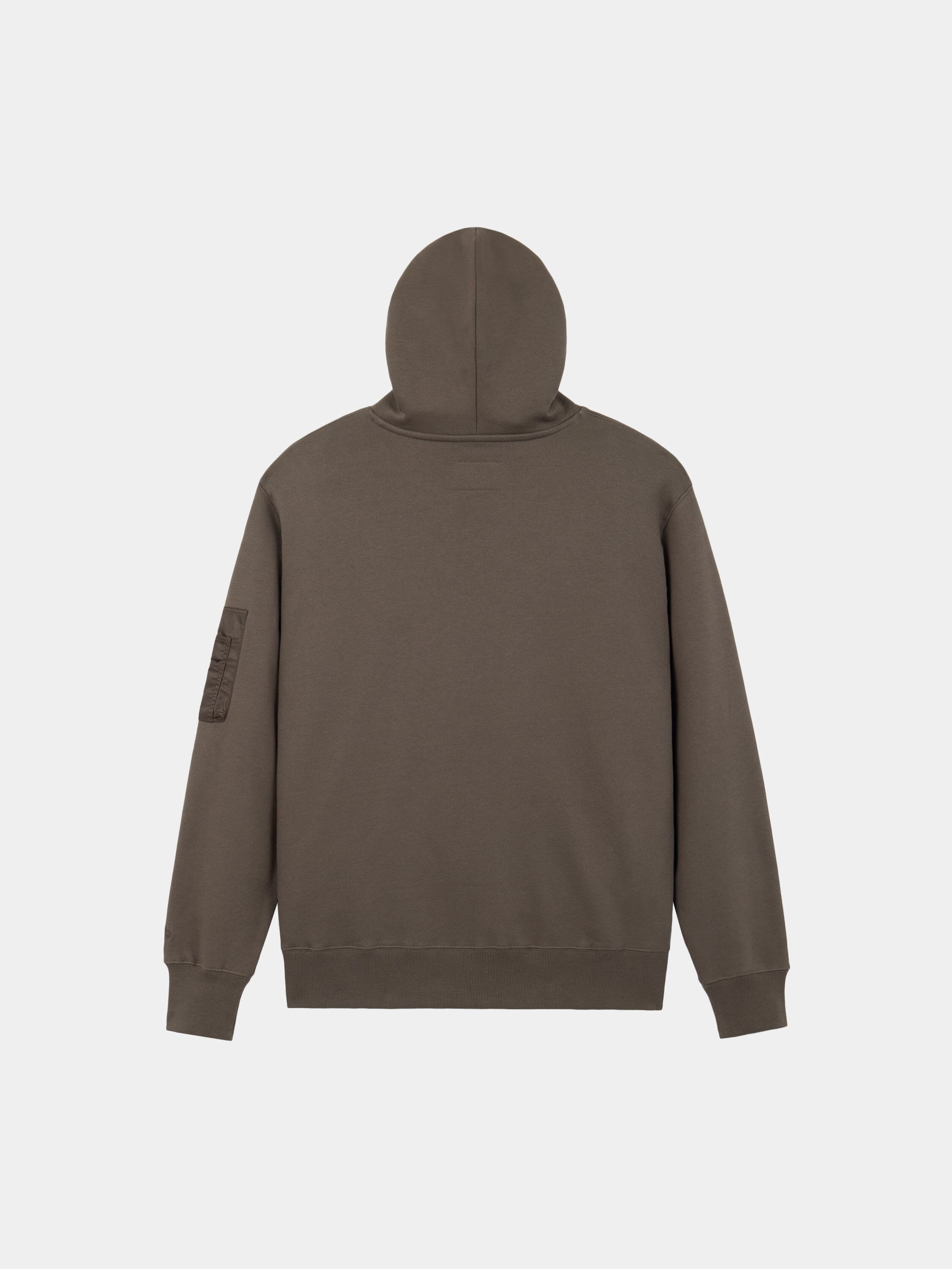 Alpha Industries Utility Pocket Hoodie in brown with long sleeves and MA-1 utility sleeve pocket on the left arm.