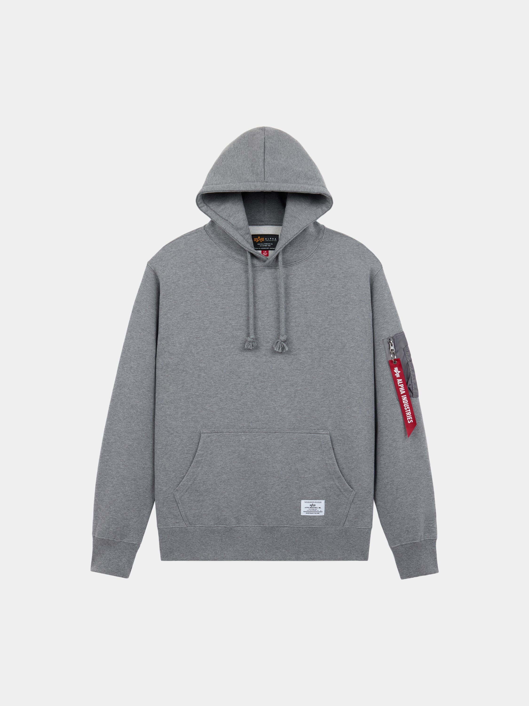 Alpha Industries Utility Pocket Hoodie in Medium Charcoal Heather with front pocket, drawstrings, and MA-1 utility sleeve pocket.