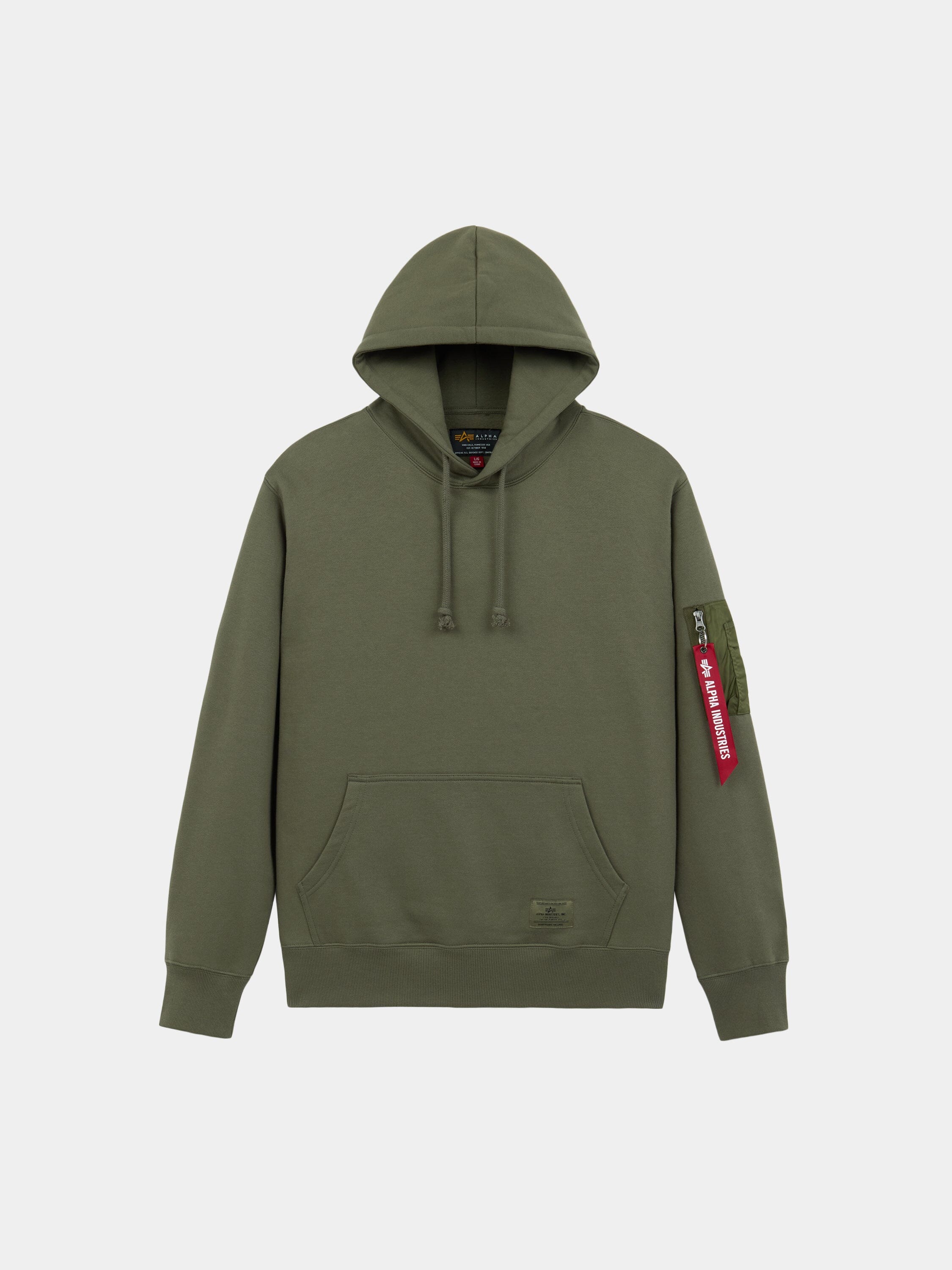 Alpha Industries Utility Pocket Hoodie in olive green with front pocket, drawstrings, MA-1 sleeve utility pocket, red tag.