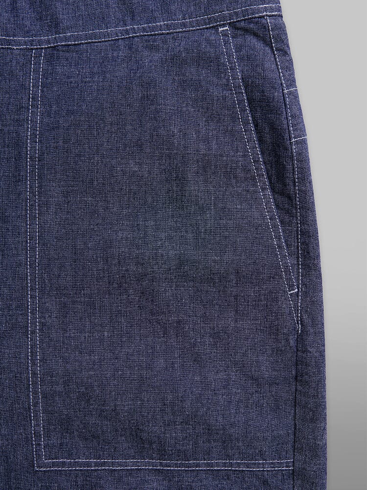Alpha Industries Wide Leg Cotton Trouser, blue denim fabric with pocket, white stitching, and adjustable drawcord.