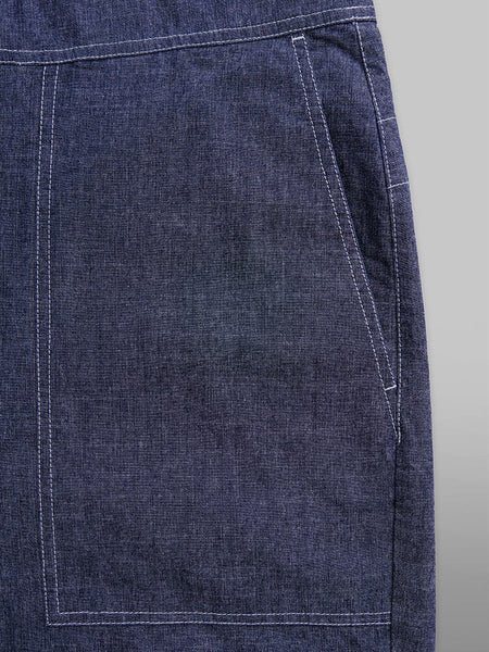 Alpha Industries Wide Leg Cotton Trouser, blue denim fabric with pocket, white stitching, and adjustable drawcord.