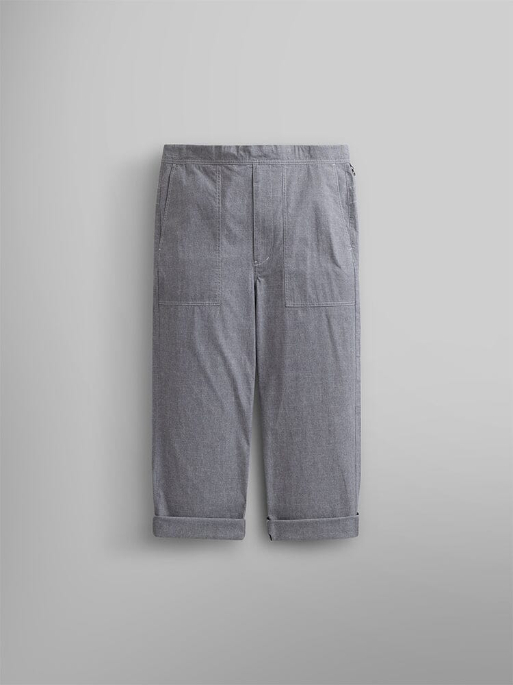 Alpha Industries Wide Leg Cotton Trouser in gray, with rolled cuffs, front patch pockets, straight wide leg, and adjustable drawcord waist.