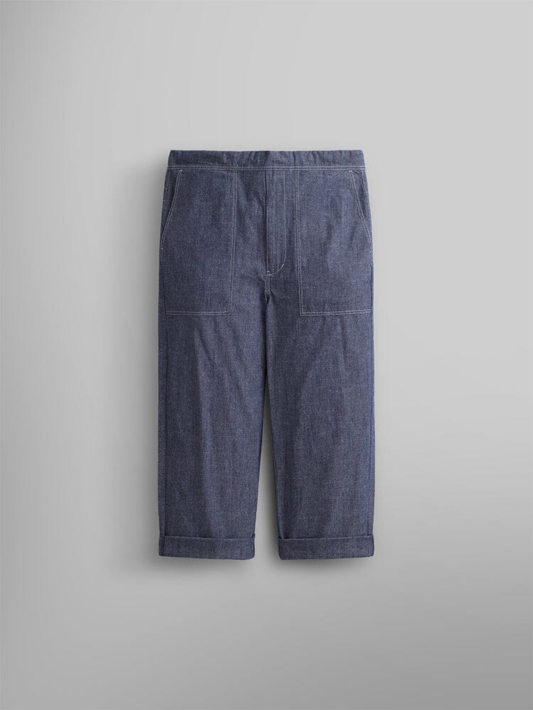 Alpha Industries Wide Leg Cotton Trouser: Blue denim cropped wide-leg trousers with front patch pockets, adjustable drawcord, and rolled cuffs.