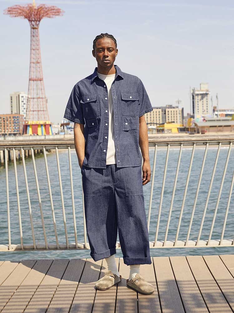 Alpha Industries Wide Leg Cotton Trouser, denim, short sleeve shirt.