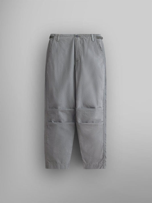 Alpha Industries Womens Barrel Leg Pants in Aircraft Gray, elastic waistband, belt loops, side pockets, reinforced knee panels.