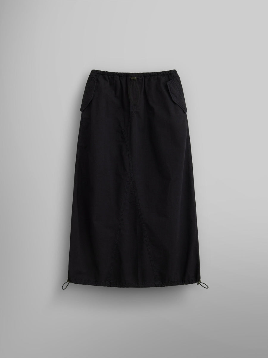 The Women's Drawcord Skirt by Alpha Industries features a black mid-length design with a drawstring hem and bungee waistband.