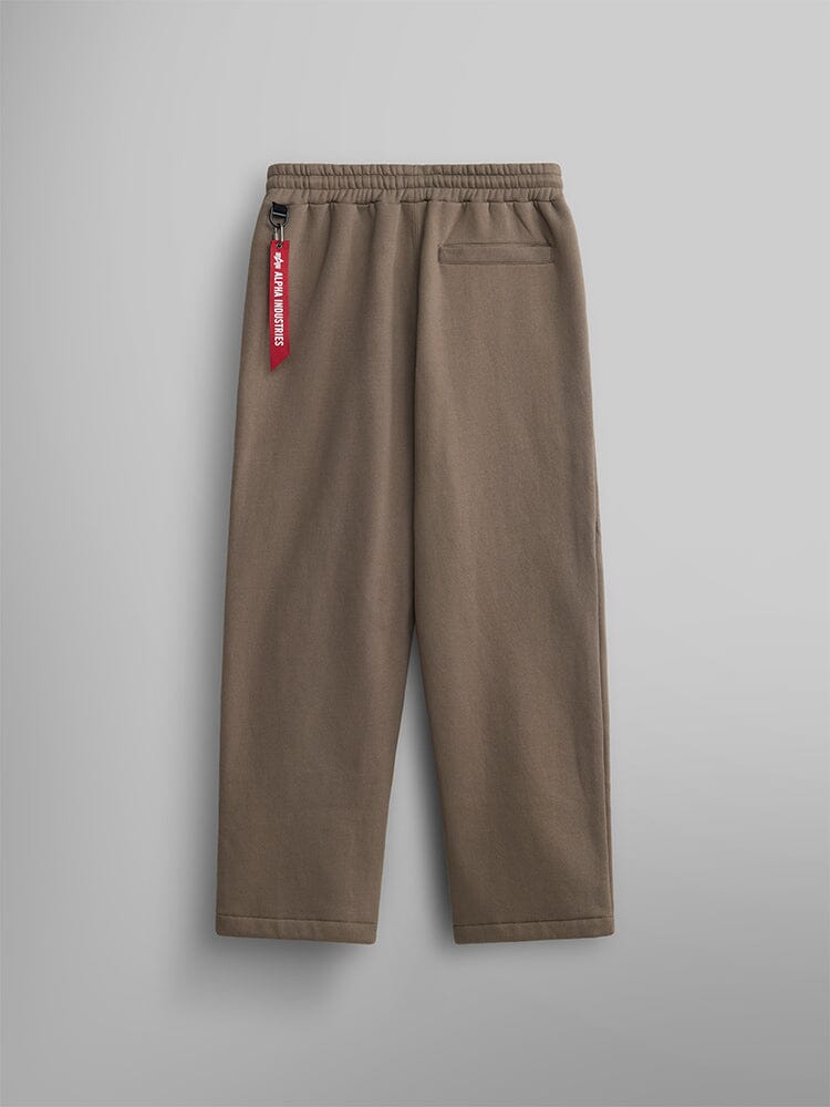 Alpha Industries Essential Sweatpants, Coyote Brown, straight-leg fit, elastic waistband, back pocket, red tag at waist.