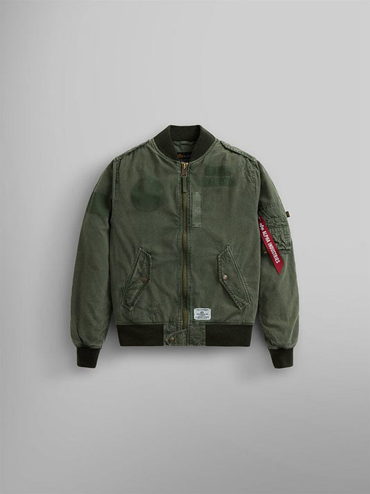 Alpha Industries Women’s L-2b Rip And Repair Bomber Jacket, OG-107 Green, 100% cotton, front zipper, ribbed cuffs and hem, two front pockets, red sleeve tag.