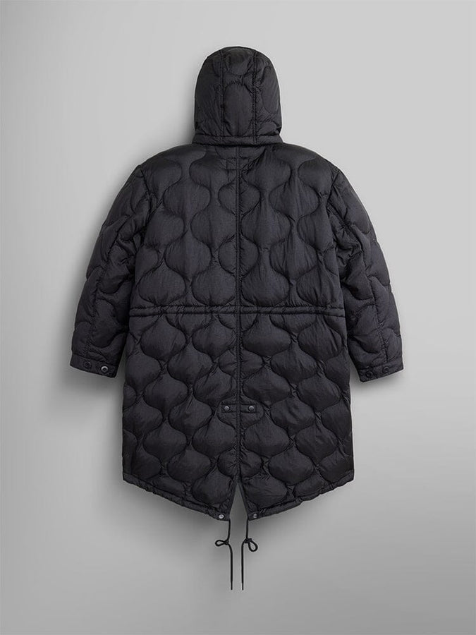 Back view of the Women's M-65 Fishtail Puffer by Alpha Industries, a quilted coat with a hood, showcasing ornate onion quilting and a drawstring hem.