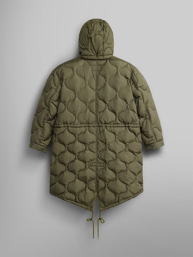 Back view of the Women's M-65 Fishtail Puffer by Alpha Industries featuring subtle onion quilting, resembling a modern fishtail parka.