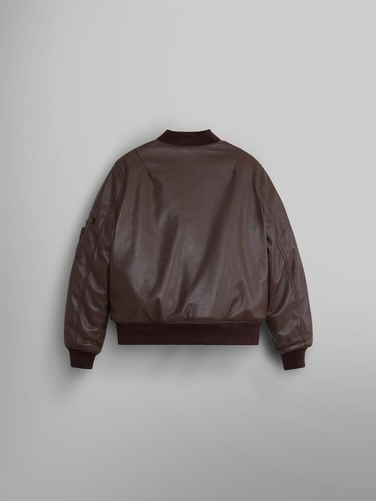 Back view of the Women's Reversible Faux Leather MA-1 Bomber Jacket in brown chocolate by Alpha Industries.