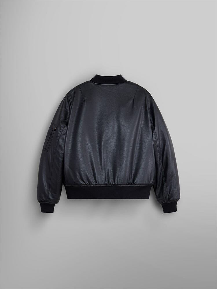 Back view of the Women's Reversible Faux Leather MA-1 Bomber Jacket by Alpha Industries, showcasing ribbed cuffs and waistband in black faux leather.