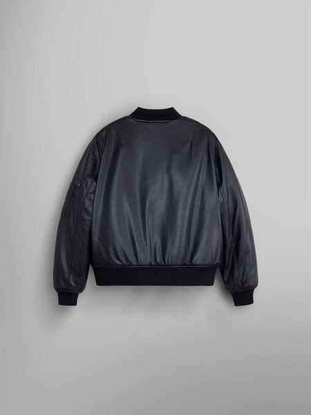 Back view of the Women's Reversible Faux Leather MA-1 Bomber Jacket by Alpha Industries, showcasing ribbed cuffs and waistband in black faux leather.